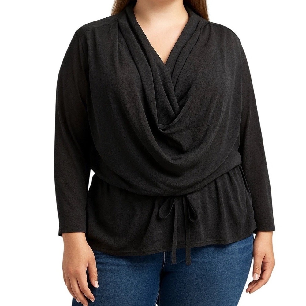Women's XL Juilette‎ Black Cowl Neck Tie Waist Long Sleeve Top Blouse